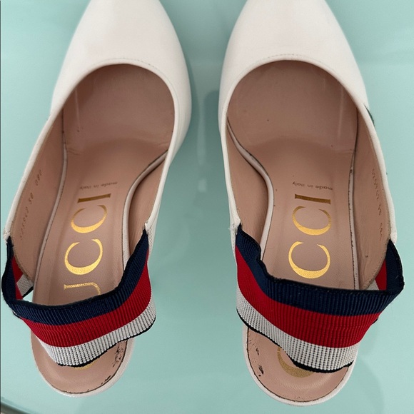Gucci White Leather Sylvia Elastic Slingback Heels Red and Green Stripes - Picture 8 of 12